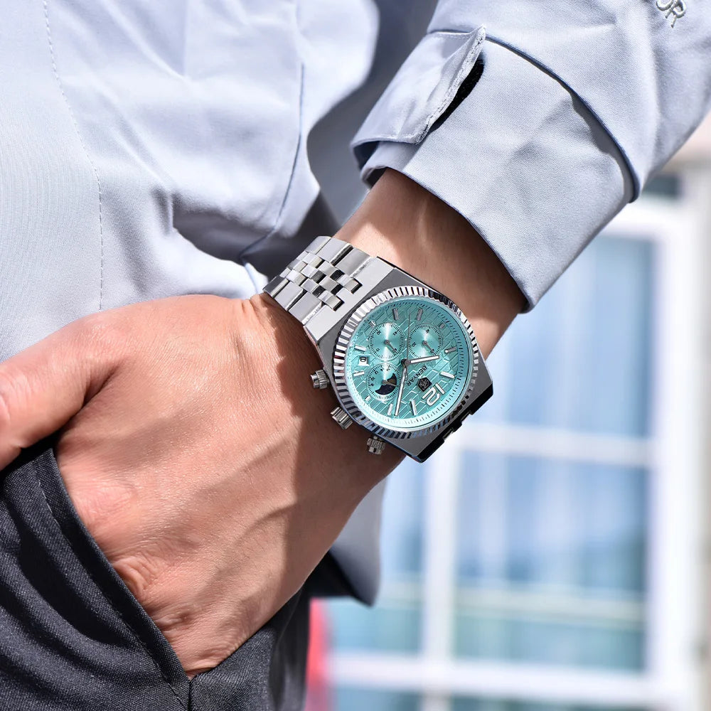 2026new 40mm men's watch top luxury brand quartz watch stainless steel moon phase calendar waterproof luminous men's chronograph