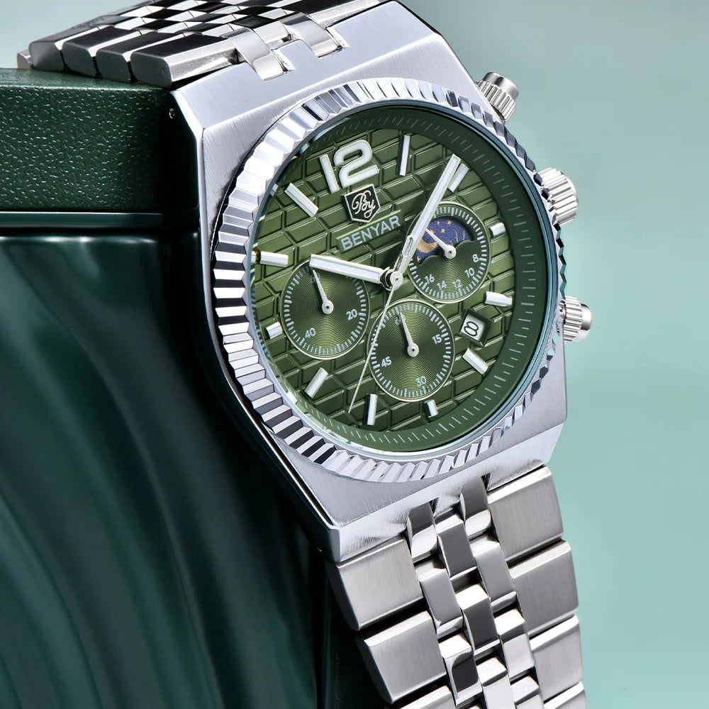 2026new 40mm men's watch top luxury brand quartz watch stainless steel moon phase calendar waterproof luminous men's chronograph