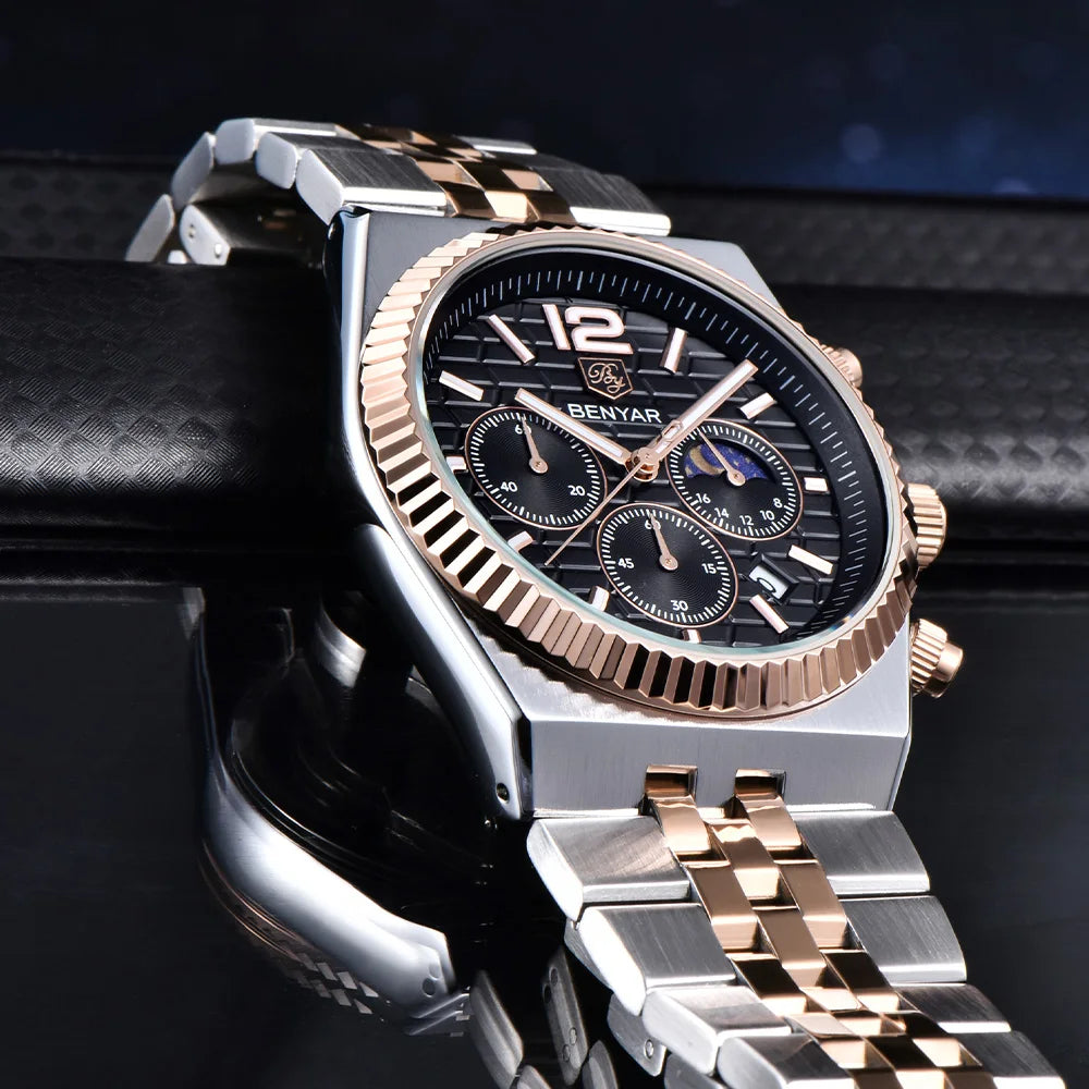 2026new 40mm men's watch top luxury brand quartz watch stainless steel moon phase calendar waterproof luminous men's chronograph
