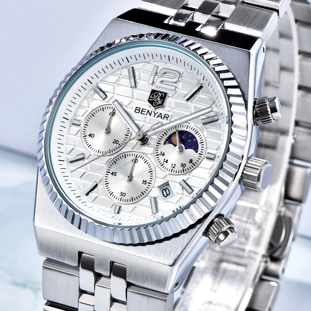 2026new 40mm men's watch top luxury brand quartz watch stainless steel moon phase calendar waterproof luminous men's chronograph