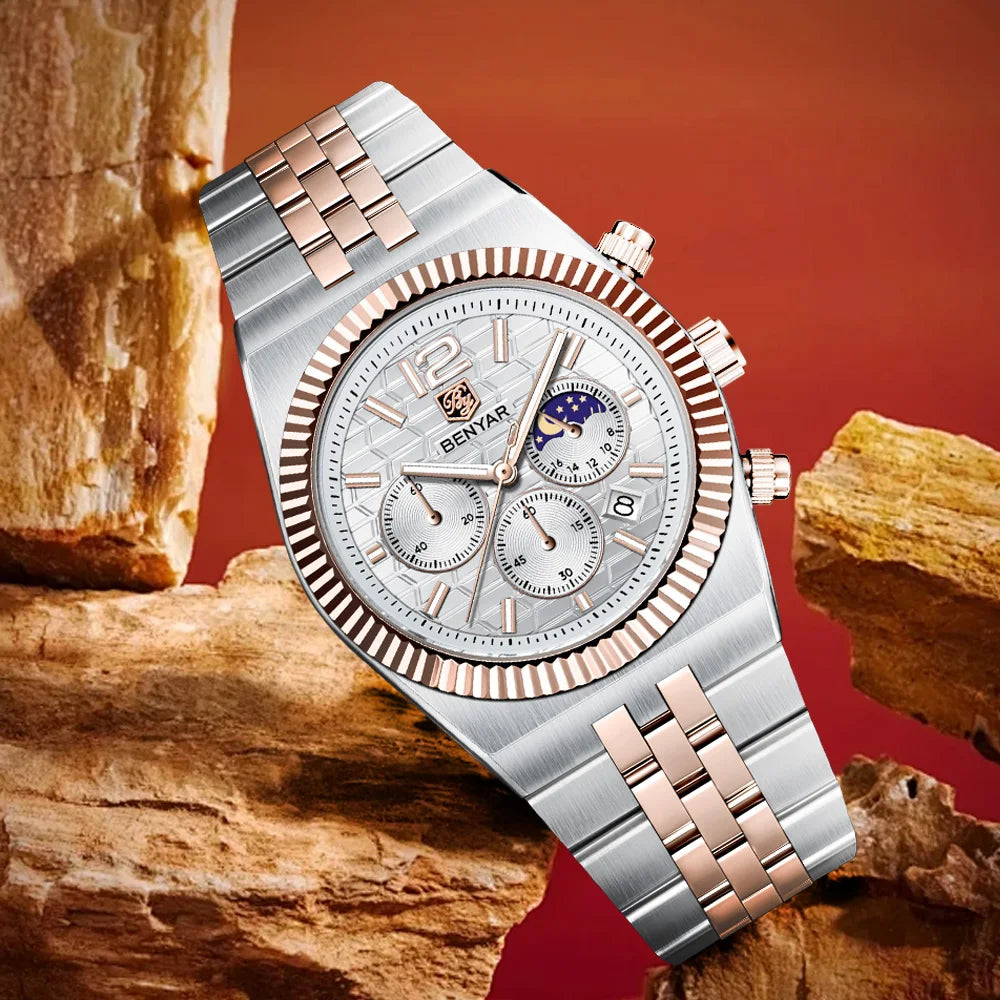 2026new 40mm men's watch top luxury brand quartz watch stainless steel moon phase calendar waterproof luminous men's chronograph