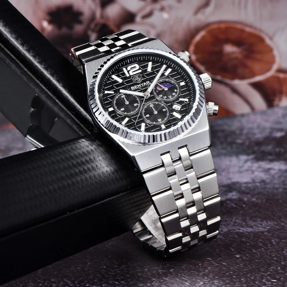 2026new 40mm men's watch top luxury brand quartz watch stainless steel moon phase calendar waterproof luminous men's chronograph