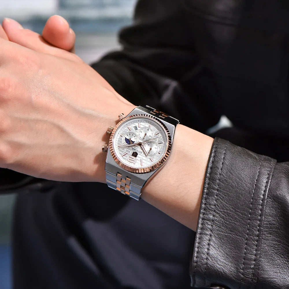 2026new 40mm men's watch top luxury brand quartz watch stainless steel moon phase calendar waterproof luminous men's chronograph