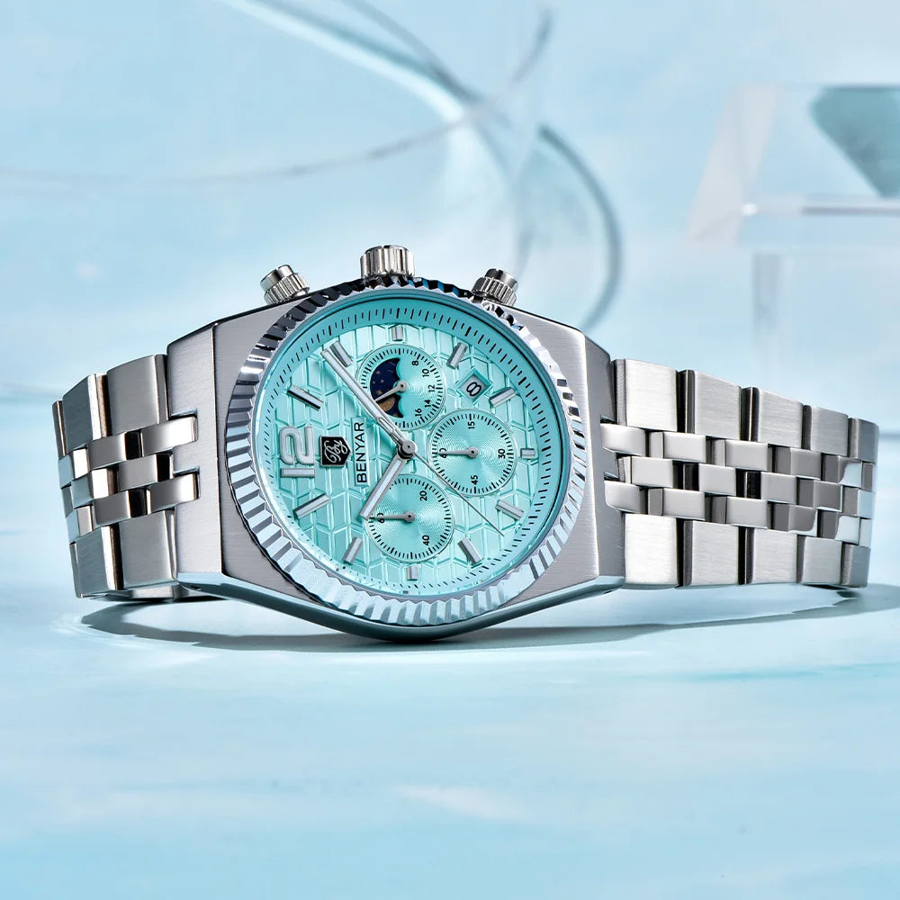 2026new 40mm men's watch top luxury brand quartz watch stainless steel moon phase calendar waterproof luminous men's chronograph