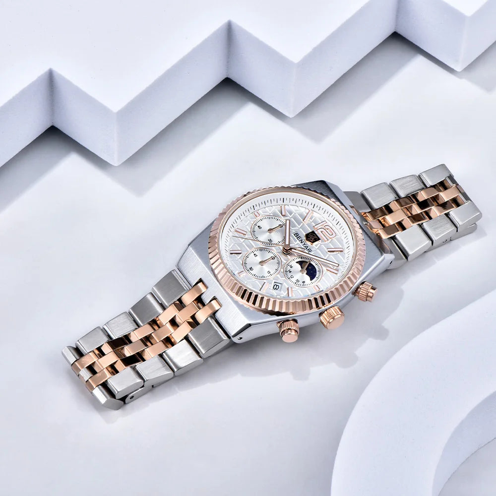 2026new 40mm men's watch top luxury brand quartz watch stainless steel moon phase calendar waterproof luminous men's chronograph