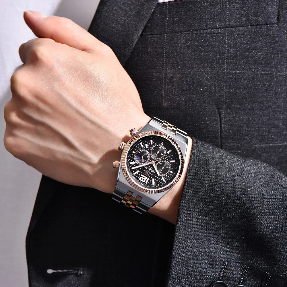 2026new 40mm men's watch top luxury brand quartz watch stainless steel moon phase calendar waterproof luminous men's chronograph