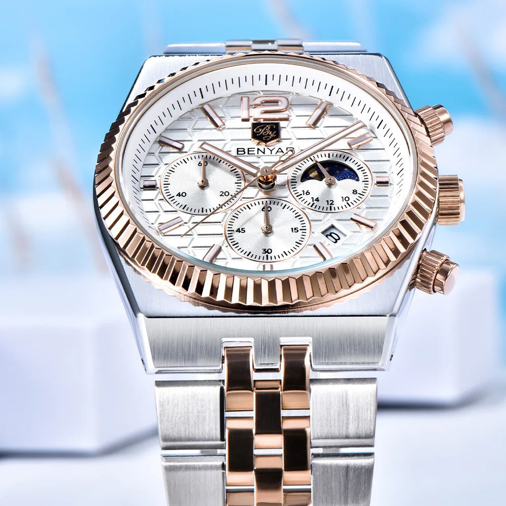 2026new 40mm men's watch top luxury brand quartz watch stainless steel moon phase calendar waterproof luminous men's chronograph