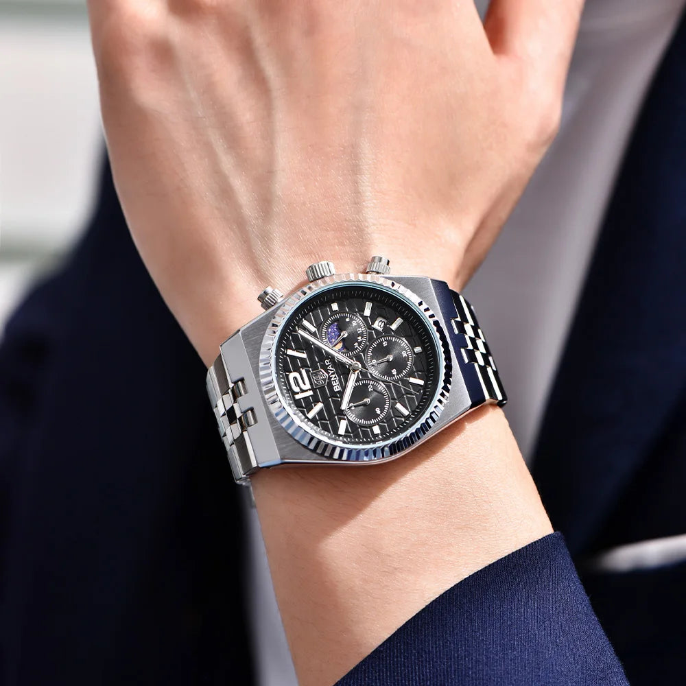 2026new 40mm men's watch top luxury brand quartz watch stainless steel moon phase calendar waterproof luminous men's chronograph