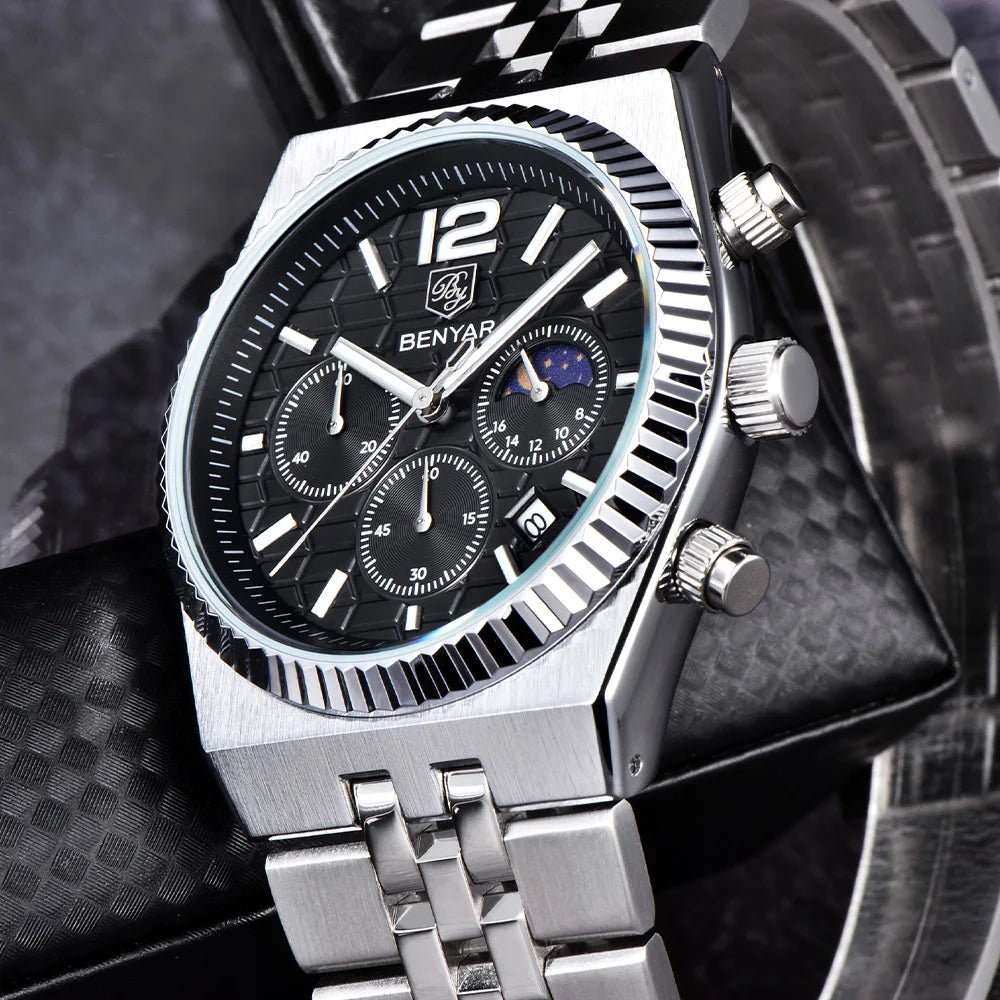 2026new 40mm men's watch top luxury brand quartz watch stainless steel moon phase calendar waterproof luminous men's chronograph