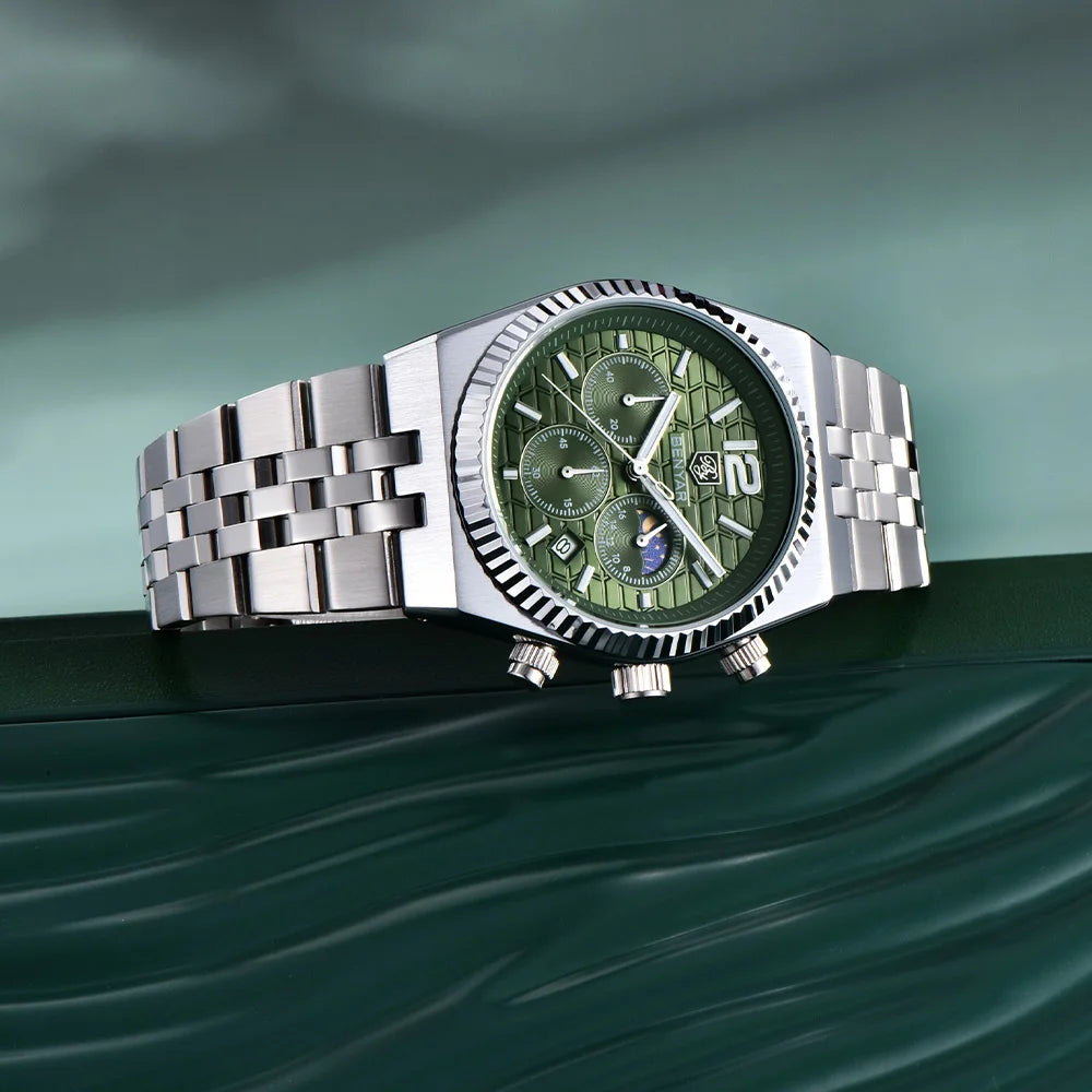 2026new 40mm men's watch top luxury brand quartz watch stainless steel moon phase calendar waterproof luminous men's chronograph