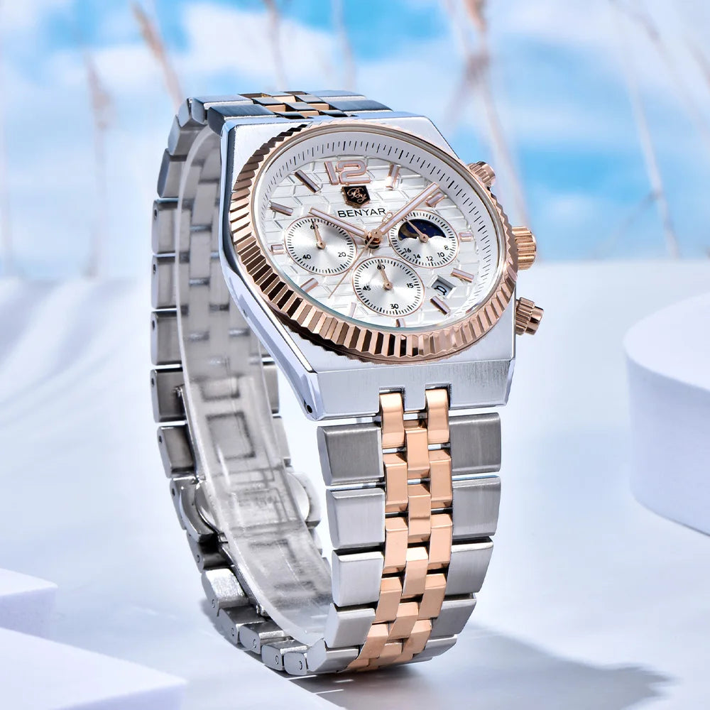 2026new 40mm men's watch top luxury brand quartz watch stainless steel moon phase calendar waterproof luminous men's chronograph