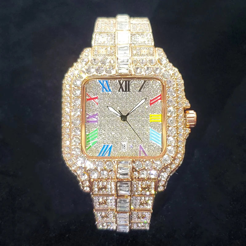 2025 New Luxury Diamond Watch Men Fashion Iced Out Square Colorful Number Watches Hip Hop Bling Jewelry Reloj Hombre for Party