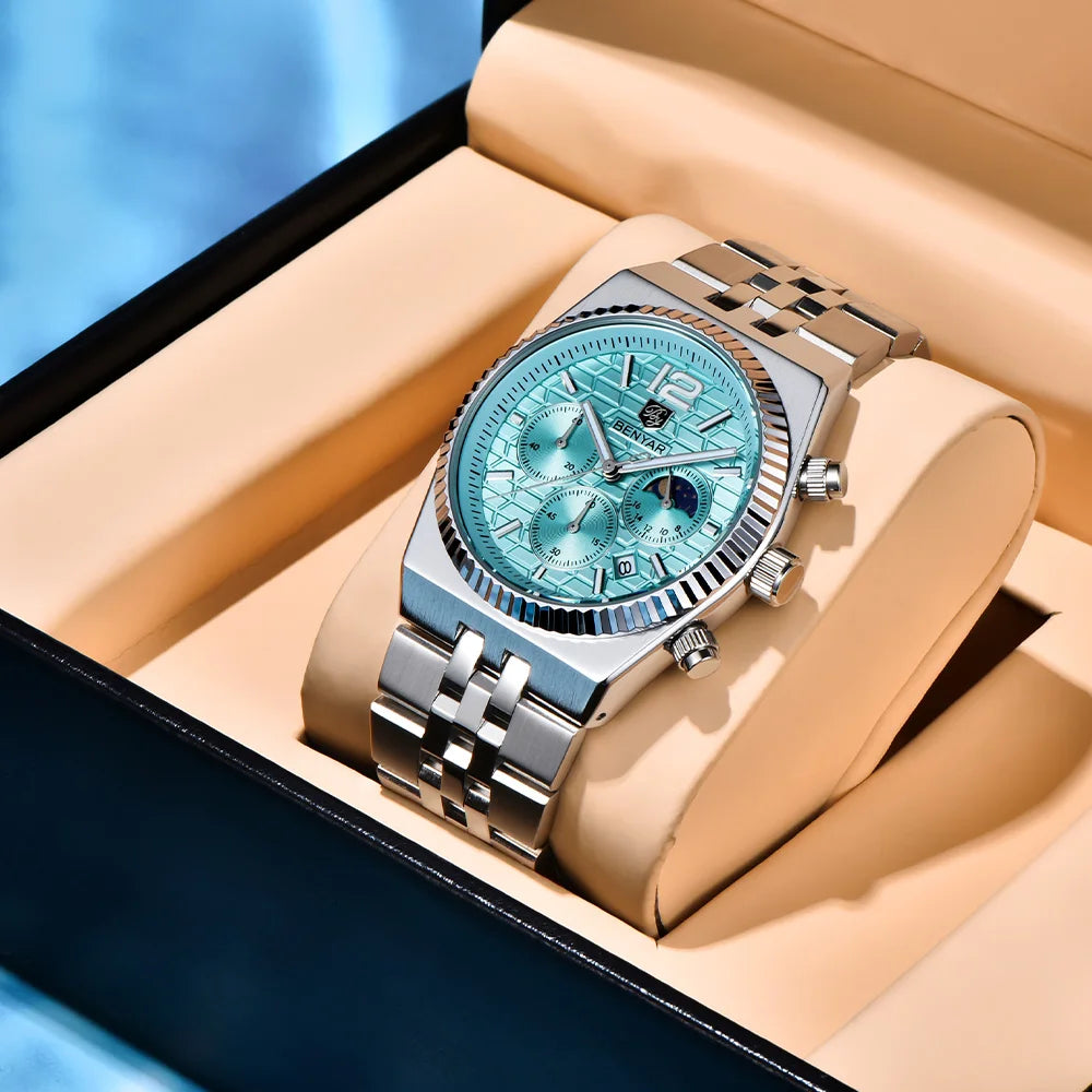 2026new 40mm men's watch top luxury brand quartz watch stainless steel moon phase calendar waterproof luminous men's chronograph