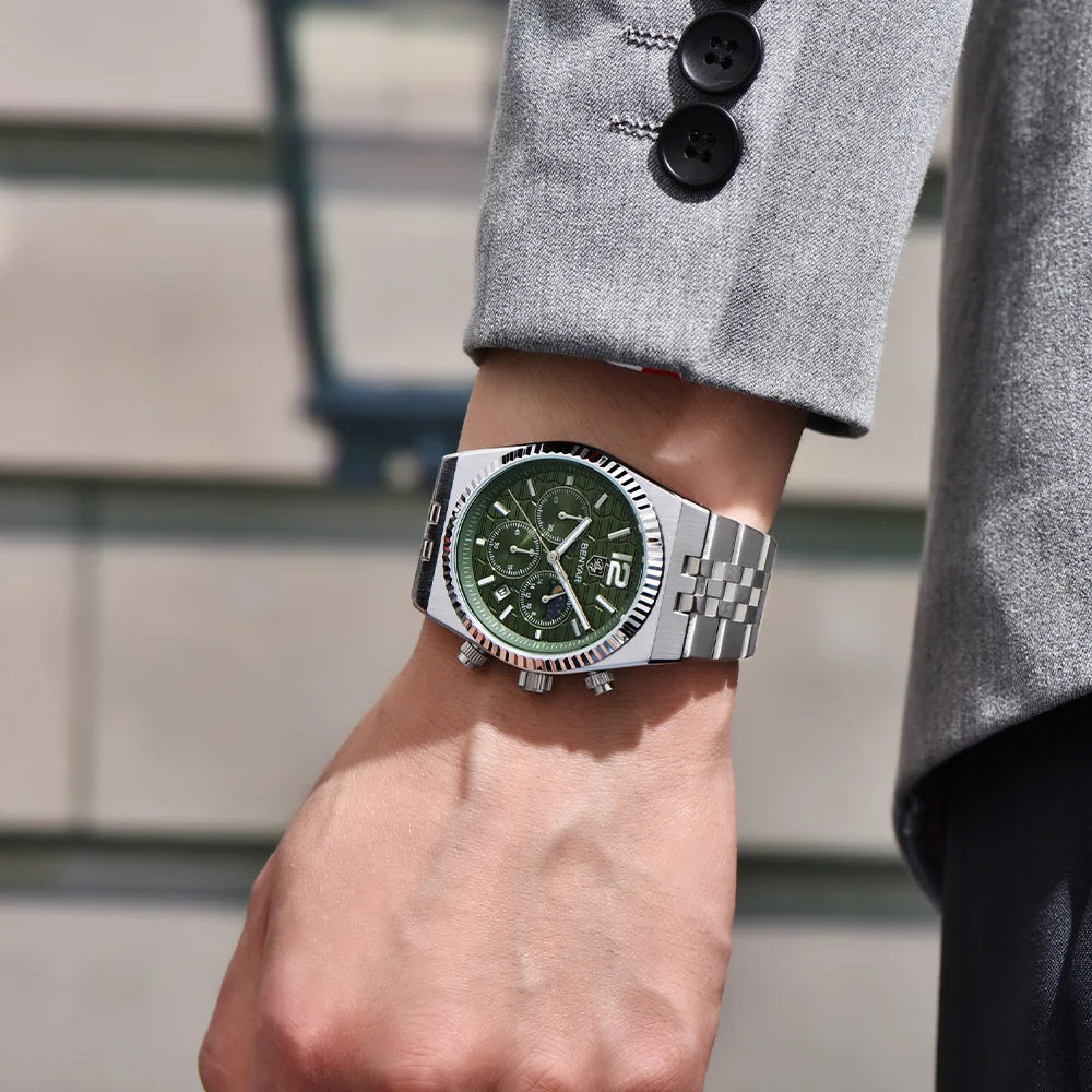 2026new 40mm men's watch top luxury brand quartz watch stainless steel moon phase calendar waterproof luminous men's chronograph