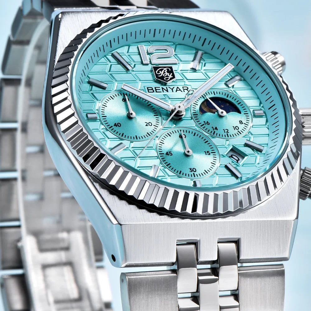 2026new 40mm men's watch top luxury brand quartz watch stainless steel moon phase calendar waterproof luminous men's chronograph