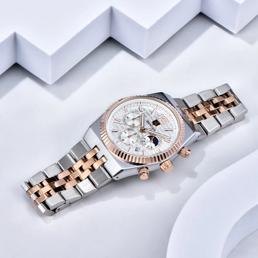 2026new 40mm men's watch top luxury brand quartz watch stainless steel moon phase calendar waterproof luminous men's chronograph