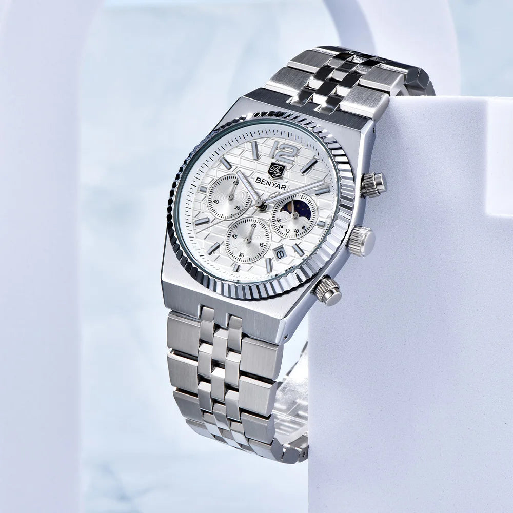 2026new 40mm men's watch top luxury brand quartz watch stainless steel moon phase calendar waterproof luminous men's chronograph