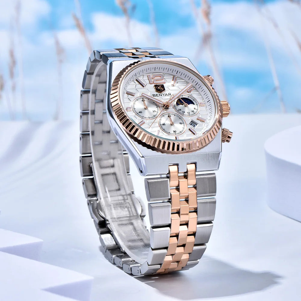 2026new 40mm men's watch top luxury brand quartz watch stainless steel moon phase calendar waterproof luminous men's chronograph