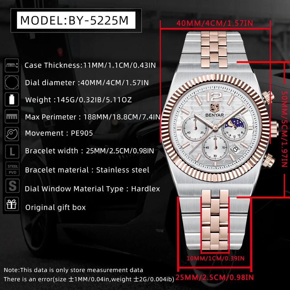 2026new 40mm men's watch top luxury brand quartz watch stainless steel moon phase calendar waterproof luminous men's chronograph